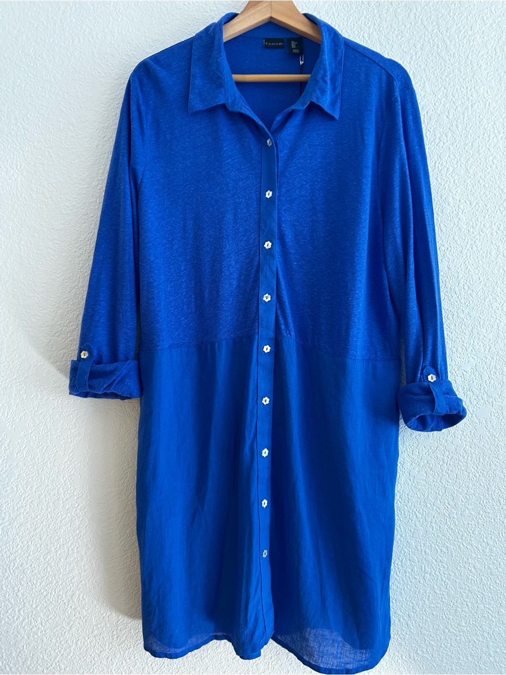 NEW TAHARI Size L Collared Tunic Beach Cover Up Dress LINEN BLEND ROYAL BLUE
